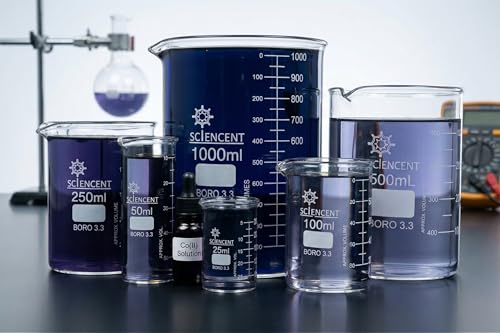 SCIENCENT Glass Beaker Set of 6 Borosilicate Thick Wall - 25ml, 50ml, 100ml, 250ml, 500ml, 1000ml (Set of 6)