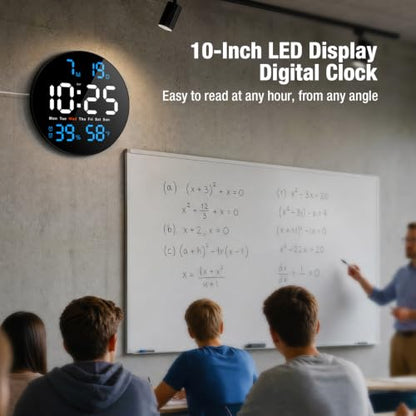 10 Inch Large Digital Wall Clock, LED Round Electric Clocks with Dual Timers (Count Up/Down), 12/24hr Mode, Date, Temperature, Remote Control for Classroom, Home Office, Bedroom (Blue) - color: Blue