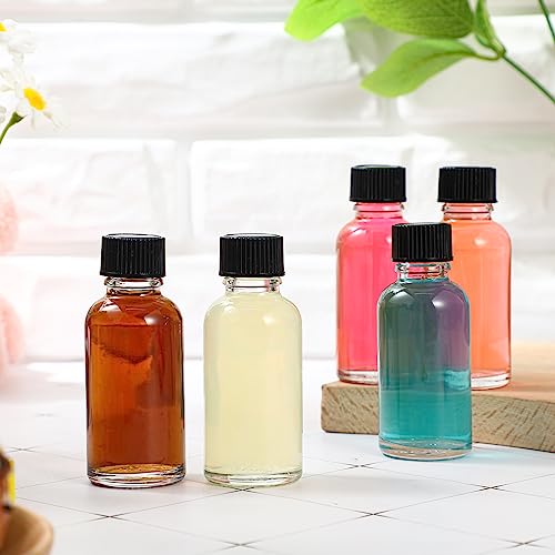 Hsei 24 Pcs 1 oz Glass Bottle with Black Cap Clear Boston Round Bottle