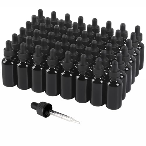 NOOEEISS 48 Pack,1oz Glass Dropper Bottle,Blakc Tincture Bottles with Dropper,Pretty Finish for All Kinds of Liquids,Oil Bottles for Hair- Stronger Suction ideal for Leakproof Travel - color: Black, size: 1oz-48Pack
