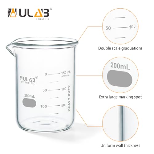 ULAB Scientific Glass Beaker Set, Vol. 200ml, 3.3 Borosilicate Griffin Low Form with Printed Graduation, Pack of 6, UBG1022 - style: Vol.200ml, Pack of 6