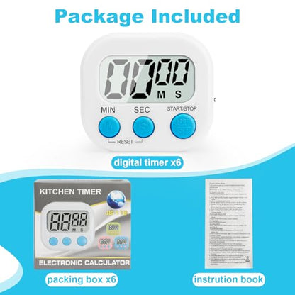 6 Pack Digital Kitchen Timer Multi-Function Magnetic Timers Classroom Timer for Kids Loud Alarm Big LCD Display Electronic Timers for Cooking, Classroom, Exercise, Study, Meeting(Blue, Green, White) - color: White & Blue & Green