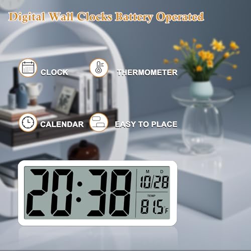 8.5" Modern Digital Wall Clock, Battery Operated, White, Simple LCD Display with Temperature/Date/Time - 12/24H, Small Digital Clock for Bedroom, Living Room Decor - color: White