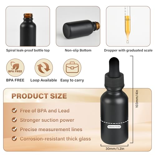 NOOEEISS 12 Pcs, 1oz Dropper Bottle, Black Glass Eye Dropper Bottle, Tincture Bottles with Dropper, Pretty Finish, Leak-Proof Design, Stronger Suction for All Kinds of Mixed Liquids - color: Black Frosted, size: 1oz-12Pack