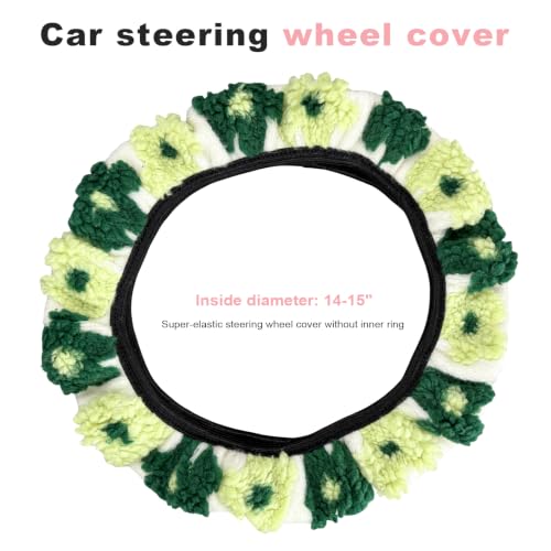 15" Plush Flower Car Steering Wheel Cover (Green) - color: Green