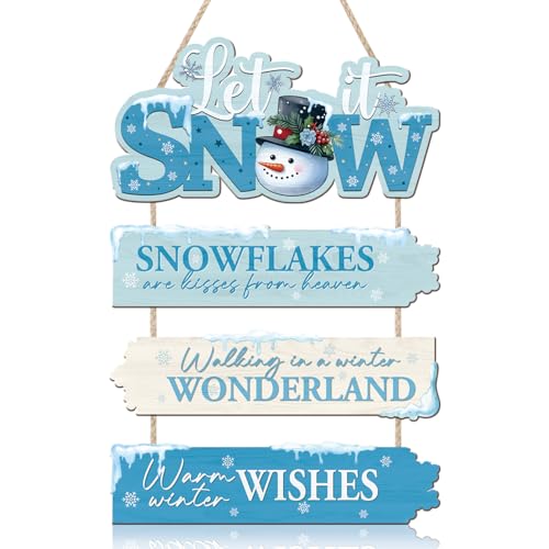 HLNIUC Christmas Winter Let It Snow Wood Sign Set of 4(11”x6”)Christmas Blue Snowman Hanging Plaque Happy Winter Wonderland Wooden Decorations Xmas Rustic Wood Framed Signs for Living Room Front Doors - color: Snow