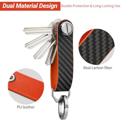 T-carbon Carbon Fiber Key Organizer, Compact Key Holder, Silent Keychain, Expandable Key Case Holds Up to 8 Keys - color: Orange