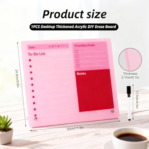 Pink Acrylic Dry Erase Board 12x10 inch, Thickened Desktop to Do List Planner Board with Stand and Markers, Frameless Tabletop Pink Dry Erase White Board Daily Task Organizer for Office Home School - color: Pink