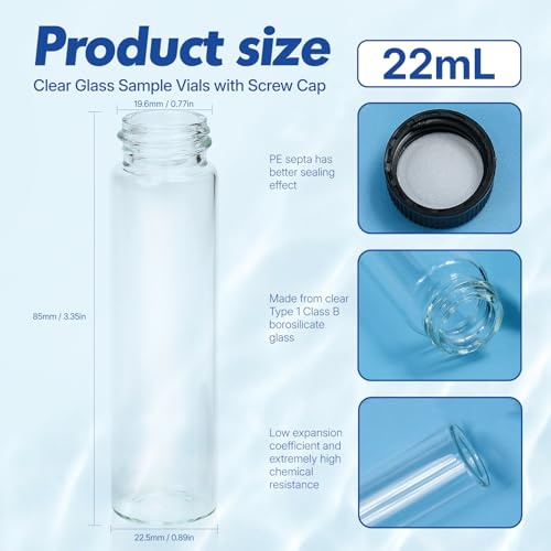 22mL Glass Sample Vial, 20-400 Screw Cap with PE Liner, 100-Pack - size: 22ml