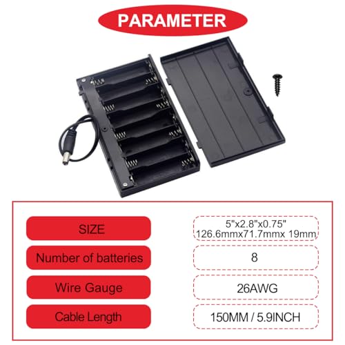 2Pcs 8 AA 12V Battery Holder with Cover (Batteries are Not Included), with 2.1mm x 5.5mm DC Plug Switch,ON/Off Switch, Screw,Female DC Power Pigtail Cable Plug,for Arduino RC LED Strip - color: O.8AA 12V Battery Holder Cover With DC Plug Switch