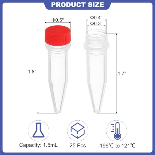 PATIKIL 1.5ml Plastic Cryogenic, 25Pcs Cryogenic Vial Screw Top Frozen Test Tube for Lab Laboratory Science, Red Cap - color: Red