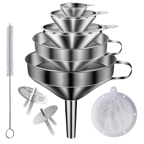 Stainless Steel Funnels for Kitchen use,5 Different Sizes of Kitchen funnels,Metal Funnel with 2 Removable Strainer,Cleaning Brush,200 Mesh Food Filter,for Transferring of Liquid,Oils,Jam - size: 5pcs Funnel set
