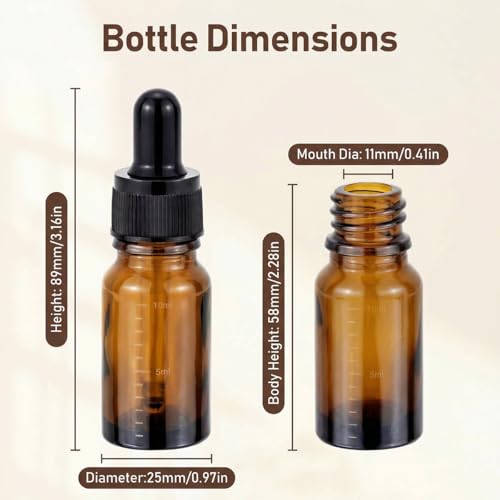 ericotry 3 Pcs 10ml 0.34oz Empty Refillable Amber Glass Graduated Dropper Bottle Essential Oil Cosmetics Elite Fluid Container Jar Pot Holder with Glass Pipette Dropper - size: 10 ml