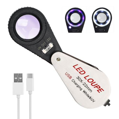 30X Loupe Magnifier USB Rechargeable 6 White and 6 UV Lights, 22mm Optical Lens Illuminated Pocket Foldable Eye Loupe Sewing Magnifying Glass for Watches, Coins, Currency, Stamps,Circuit Board