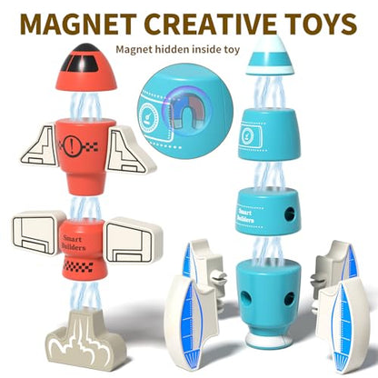 DIY Magnetic Robot Building Toy for Kids 3-5, 33 PCS STEM Stacking Playset with Storage Box, Rocket Robot Creative Kit, Kid Magnet Toys Gift for Years Old Boys & Girls (Christmas Birthday) - color: Rocket