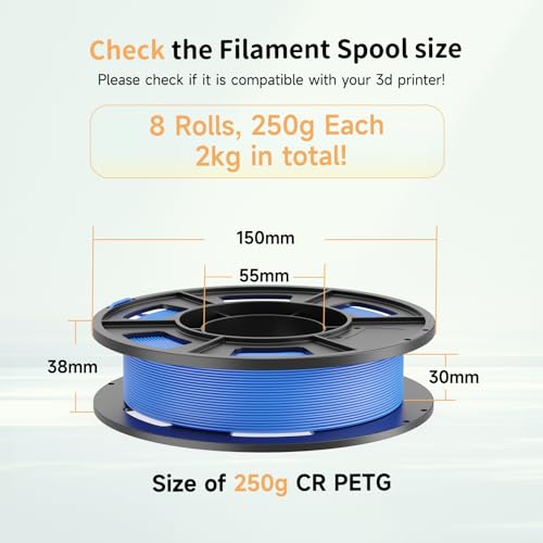 CREALITY 250g PETG Filament Bundle, 1.75mm 3D Printer Filament, 8 spools - color: Black+blue+white+grey+transparent+red+green+orange