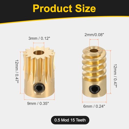 uxcell Worm Gear Set 15T 0.5 Module 15:1 Reduction Rate, Right Rotation Drive Gear Box Wheel Reduce Transmission Part (Brass Gear-3mm Bore, Brass Rod 2mm Bore) - size: Gear-3mm, Rod-2mm Bore, style: 0.5M-15T