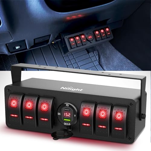 Nilight 6 Gang Rocker Switch Box 12V SPST ON Off Toggle Switches PD Type C and QC 3.0 USB Charger Voltmeter LED Light Waterproof Aluminum Mount Bracket Panel DIY Stickers for Boat Car RV Truck - color: Red+Box, size: 6+1 Gang Type C +USB