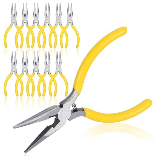 12 Pcs Needle Nose Pliers, 5 Inch Long Nose Pliers Set with Rubber Handle Mini Spring Loaded Needle Noses Plier with Side Cutter for Jewelry Making, Wire Bending Cutting, Electronics Craft
