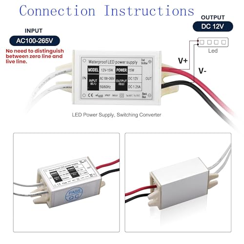 Lustaled DC 12V Power Supply Driver Transformer - 15W Waterproof IP67 120VAC to 12V DC Converter Constant Voltage Switching Power Supply for LED Strip Lights, G4 MR11 MR16 Display (2-Pack) - style: 15W 12V - 2 Pack