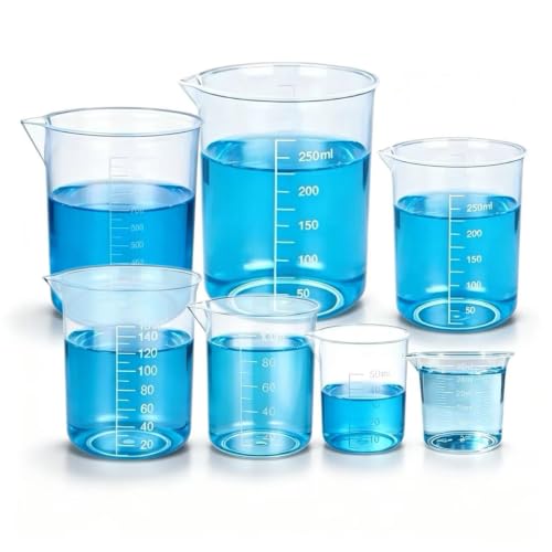 7 Pack Plastic Graduated Beakers Set, Clear Measuring Beaker With Spout, Multi-Size Lab Liquid Container For Kitchen Cooking, Science Experiment, Baking Mixing