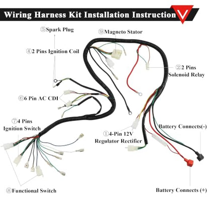 PRO BAT Full Lifan 200cc Wiring Harness 8-Coil Stator AC CDI Tail Light - color: W Spark Plug & B Ignition Coil & S Rectifier