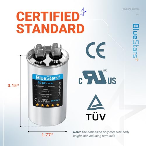 [UL Certified] BlueStars 20 uF MFD uf ± 5% MFD 370 V VAC or 440 Volt CBB65 Multi-Purpose Motor Run Round Capacitor 10000AFC - Compatible for Air Conditioner or Heat Pump Condenser - size: 20 MFD