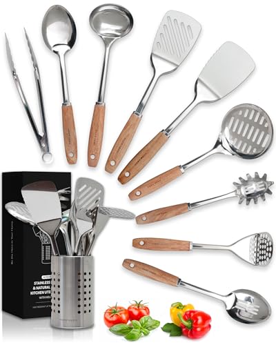 Home Hero 10-Piece Stainless Steel Kitchen Utensil Set with Wooden Handle - size: 10 pieces
