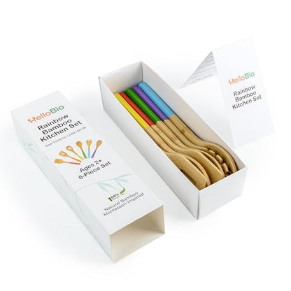 Rainbow Bamboo Kitchen Utensil Set for Kids – Montessori-Inspired 6-Piece Real Cooking Tools | Ages 2+ | Natural Bamboo | Color-Coded | Thoughtful Gift for Toddlers & Preschoolers