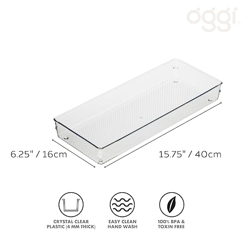 Oggi Clear Drawer Organizer - 6" X 15" - Ideal for Organizing Kitchen Drawers, Office, Desk, Silverware, Kitchen Utensils, Cosmetics and Bathrooms (Pack of 2) - size: 6" by 15" (Pack of 2)