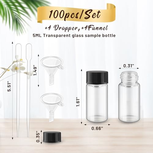 100 Pack,Glass Essential Oil Bottle with Screw Caps,Empty Refillable Travel Glass Liquid Sample Vial Labs Preservation Storage Leakproof Vials Test Container with Black Screw Caps (Clear, 5ml) - color: Clear, size: 5ml