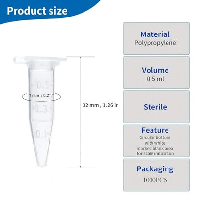 0.5ml Microcentrifuge Tubes 1000pcs, EO Sterilized Plastic Small Vials with Caps for Sample Storage Without Leakage(1000)