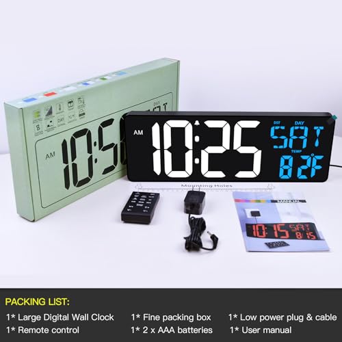 17" Large Digital Wall Clock with Remote, Auto Dimmer, Date Temp, Timer - color: Ice Blue+ White