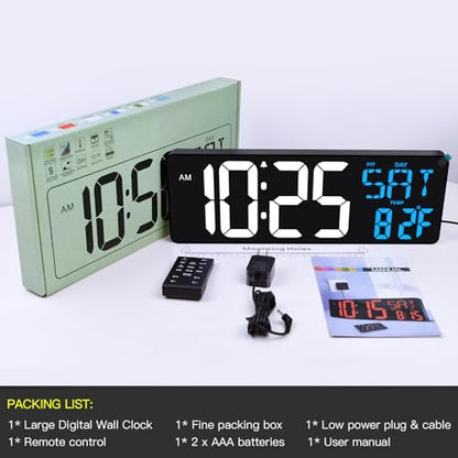17" Large Digital Wall Clock with Remote, Auto Dimmer, Date Temp, Timer - color: Ice Blue+ White