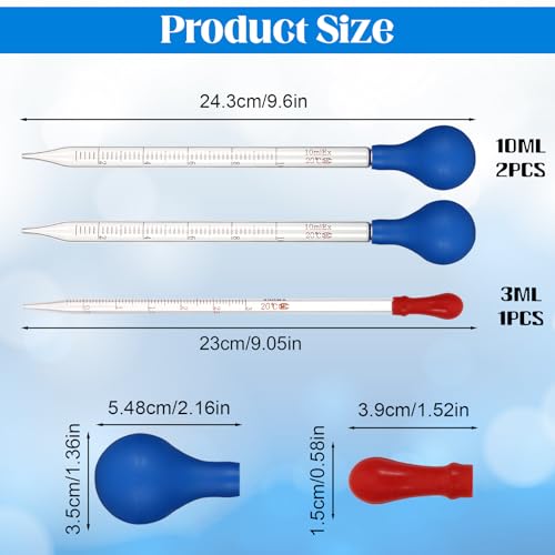 3Pcs Glass Pipettes Dropper, 10ml Graduated Liquid Dropper with Rubber Bulb for Laboratory, Medicine, School, Food, Research