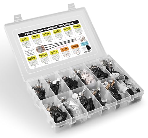Potentiometer Assortment pre-Wired B1K B5K B10K B20K B50K B100K B250K B500K B1M (Linear) A10K A100K (Audio Log) prefabed, pre-soldered incl. Knobs, Dust Seals, 3-pin 0.1 inch Connectors, 48 pcs