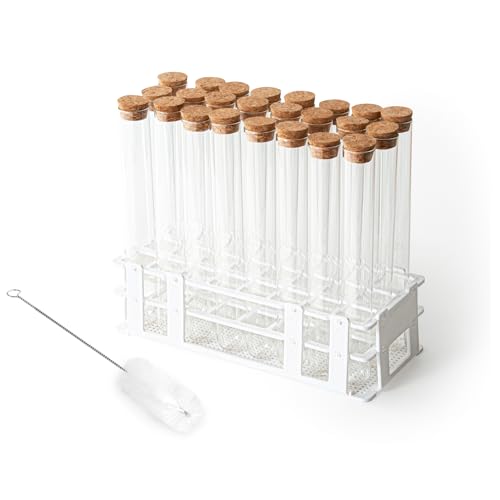 Glass Test Tube Set 24pcs 80ml Glass Test Tubes 25 x 200mm with Cork Stoppers and 1pcs 24 Holes Plastic Tubes Rack for Test Lab Tubes - size: Glass Test Tube & Tube Rack Set