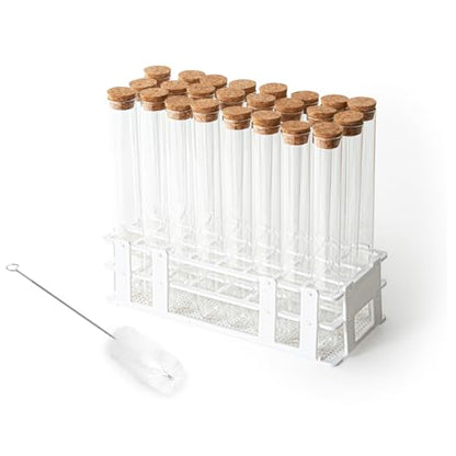 Glass Test Tube Set 24pcs 80ml Glass Test Tubes 25 x 200mm with Cork Stoppers and 1pcs 24 Holes Plastic Tubes Rack for Test Lab Tubes - size: Glass Test Tube & Tube Rack Set