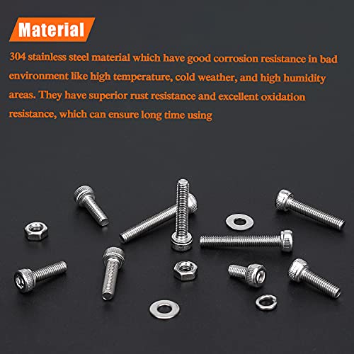 HELIFOUNER 500 Pieces M3 x 6mm /8mm /10mm /12mm /16mm /20mm, Hex Socket Head Cap Metric Screws Bolts Washers Nuts Kit, 304 Stainless Steel - size: M3