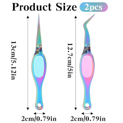 Ymapinc 2PCS Stainless Steel Precision Tweezers, Curved & Straight Tips - color: Rainbow
