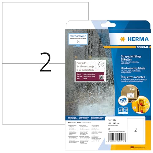 Herma Self Adhesive Heavy Duty Weatherproof Foil Labels, 2 Labels Per A4 Sheet, 50 Labels for Laser Printers, 210 x 148 mm (4693) - size: 210 x 148 mm, style: 25 Sheets