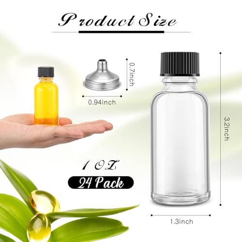 Hsei 24 Pcs 1 oz Glass Bottle with Black Cap Clear Boston Round Bottle
