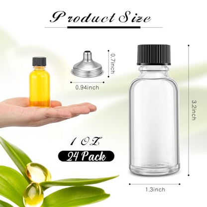 Hsei 24 Pcs 1 oz Glass Bottle with Black Cap Clear Boston Round Bottle