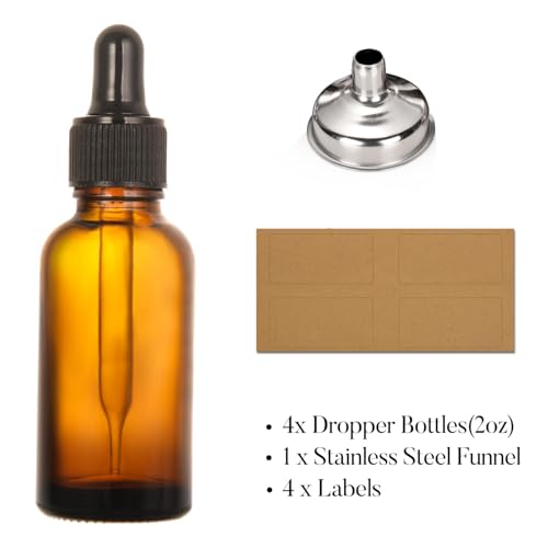 4 Pack, 2 oz Bottles with Dropper & 1 Funnel & 4 Labels - Essential Oils Bottles for Health, Personal Care & Beauty - 60ml Thick Dark Amber Glass Tincture Bottles, Refillable Cosmetic Containers - color: Amber with Eye Droppers