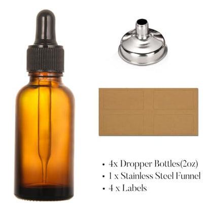 4 Pack, 2 oz Bottles with Dropper & 1 Funnel & 4 Labels - Essential Oils Bottles for Health, Personal Care & Beauty - 60ml Thick Dark Amber Glass Tincture Bottles, Refillable Cosmetic Containers - color: Amber with Eye Droppers
