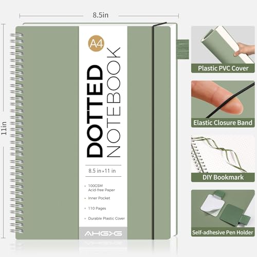 AHGXG Dotted Journal, Grid Spiral Notebook, 110 Pages, A4 (8.5" x 11") - color: Sage Green, style: A4-Dotted