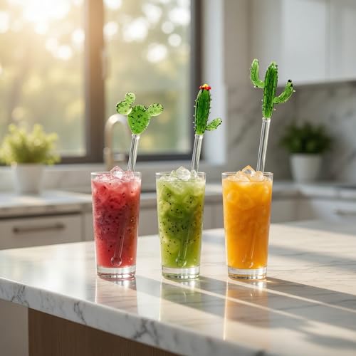 Homestia 3 Pieces Glass Swizzle Sticks with Cactus Decor, Drink Stirrers - color: 3 PCS + 6" / 6.8" / 7.7" + Glass Cactus Stirrer Set