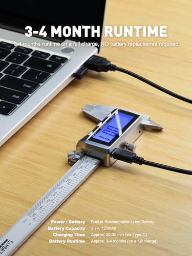 6'' Rechargeable Digital Caliper, All Metal & Long Lasting Design