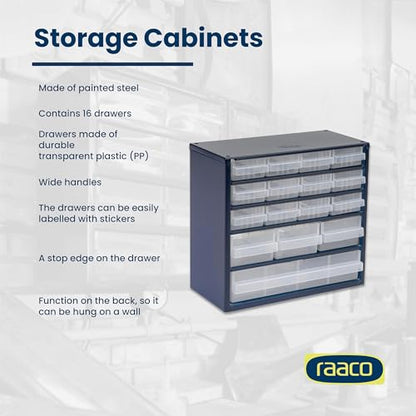 Raaco Steel Storage Cabinet, Compact 16-Drawer (C6-16), Tool Organizer - size: Compact-16D