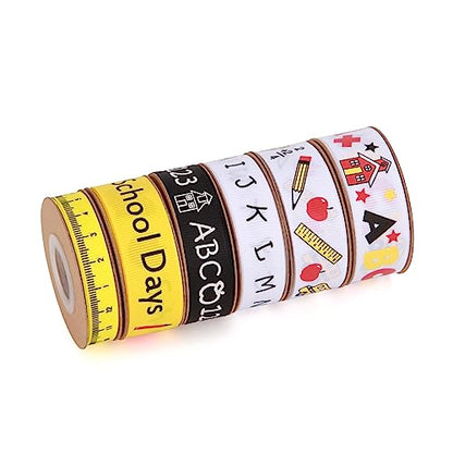 Meseey Back to School Themed Grosgrain Ribbon Ruler School Bus Apple ABC Pencil Backpack Books Chalkboard Printed Craft Ribbons for Teacher Appreciation,Wreath,Gift Wrapping (6 Rolls 30yards) - color: 6 Rolls 30 Yards